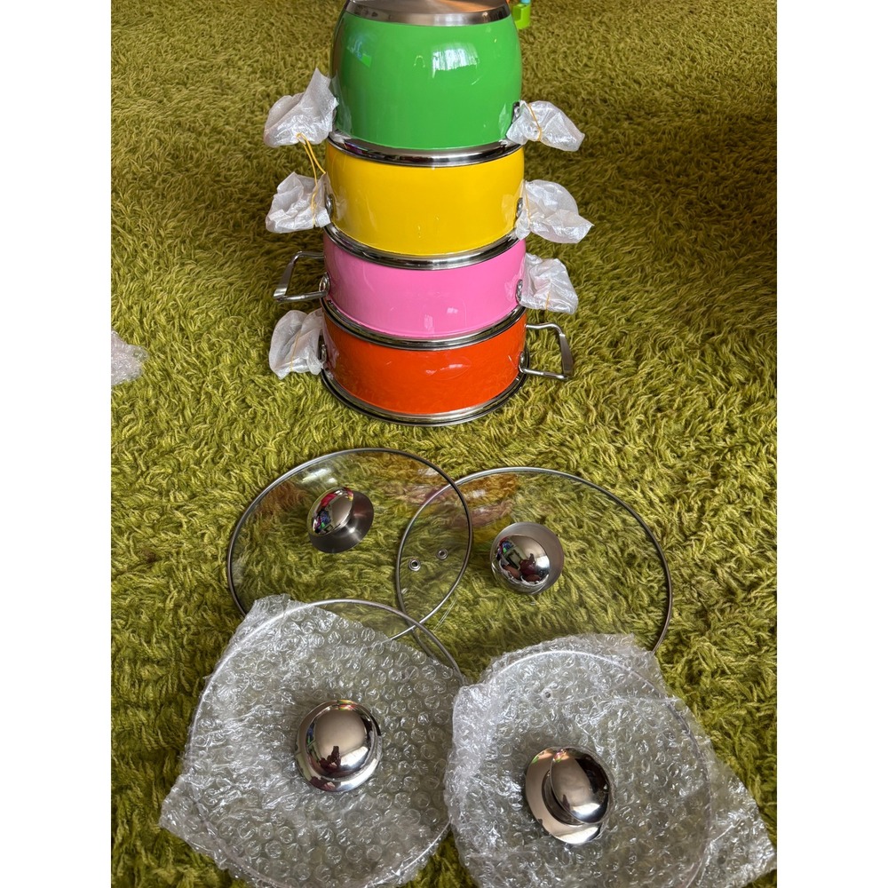 8pc Stainless Steel Nesting Cookware Set Rainbow Colors Glass Lids 4 Pots